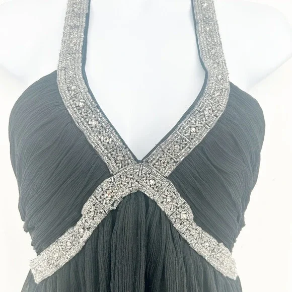 Express Womens Black Silk Beaded Halter Y2K Glam Cocktail Babydoll Top Size 4 - Picture 3 of 8